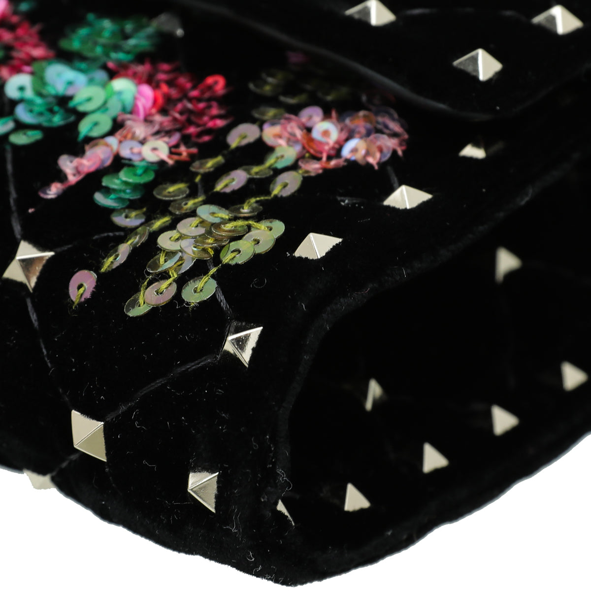 Valentino Black Multicolor Velvet Sequins Spike Rockstud Wallet On Chain