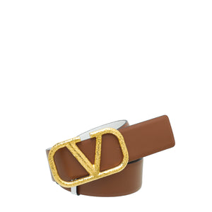 Valentino Tan Vlogo Buckle Leather Belt 34