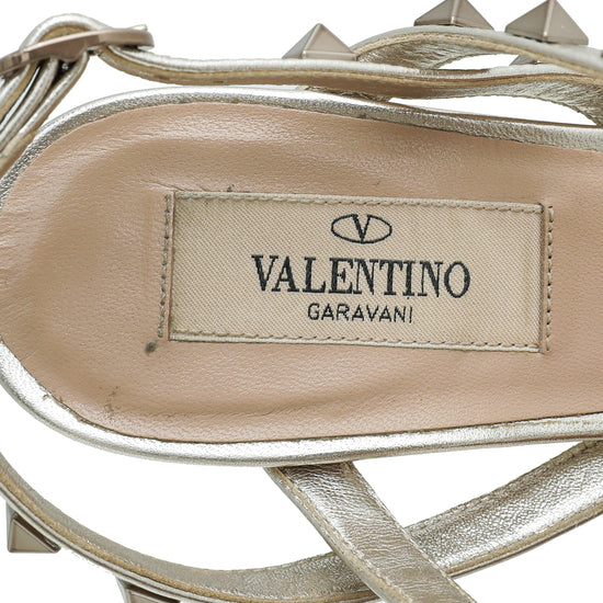 Valentino Metallic Silver Champagne Rockstud T Strap Slingback Heeled Sandals 36