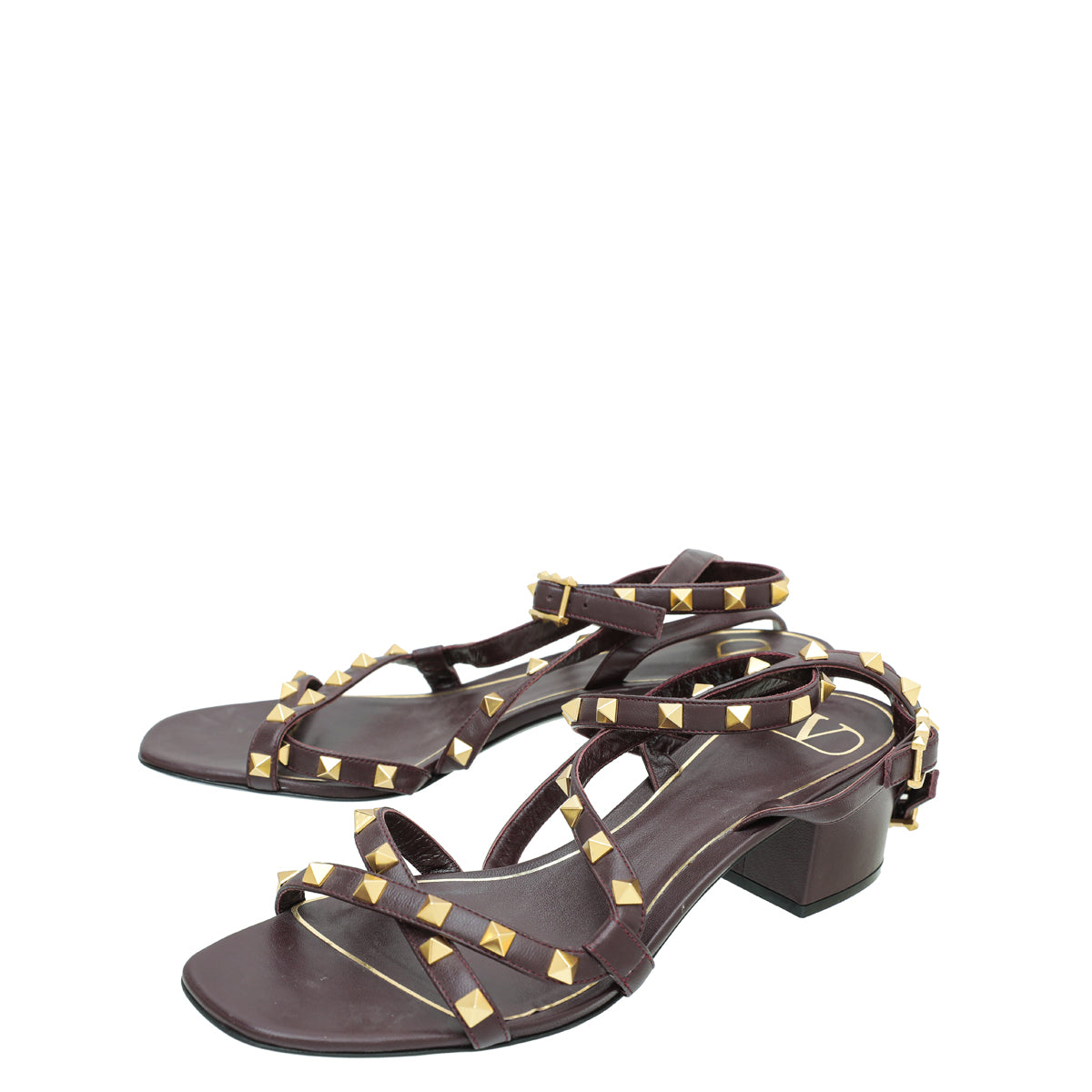 Valentino Burgundy Rockstud Ankle Strap Block Heel Sandals 40-Valentino-THE CLOSET