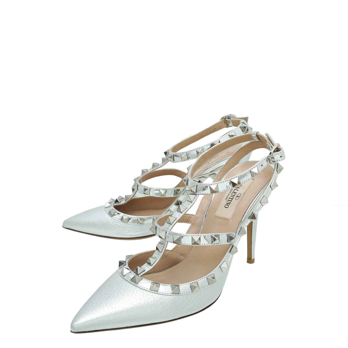 Valentino Silver Rockstud Caged Ankle Strap Pump 38-Valentino-THE CLOSET