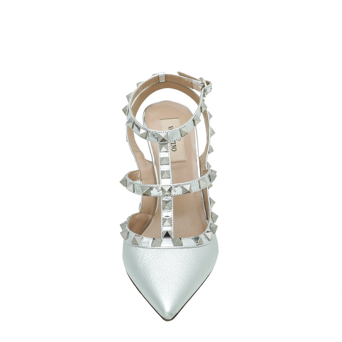 Valentino Silver Rockstud Caged Ankle Strap Pump 38-Valentino-THE CLOSET