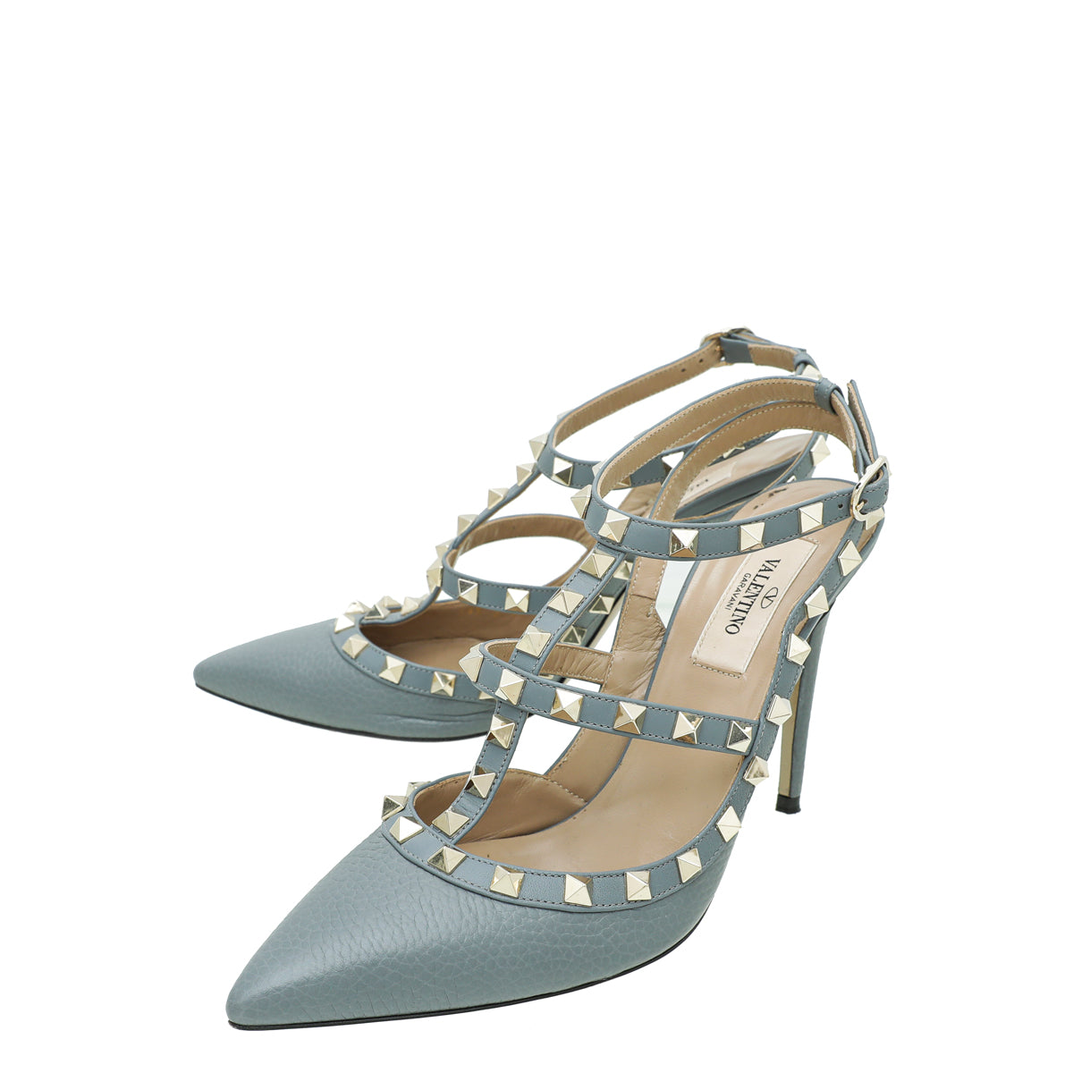 Valentino Light Gray Rockstud Caged Heel Ankle Strap 38-Valentino-THE CLOSET