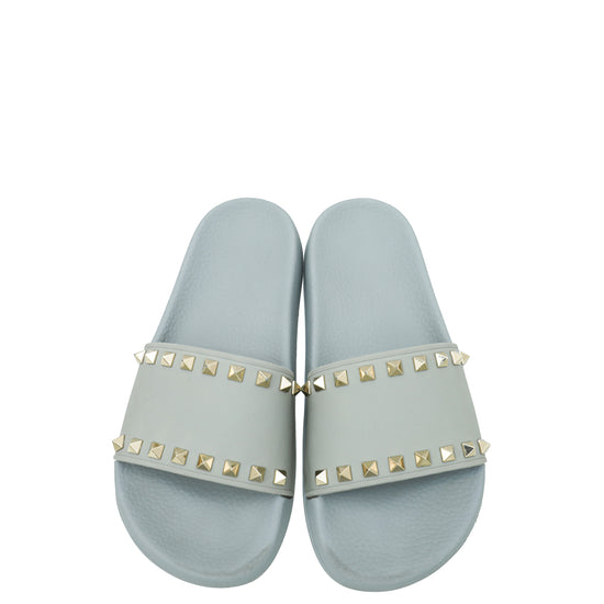 Valentino Pale Blue Rockstud Rubber SLider Sandal 38