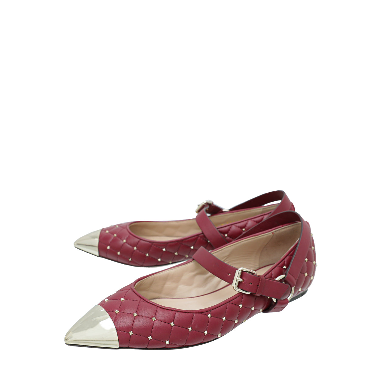Valentino Burgundy Rockstud Spike Mary Jane Ballet Flats 37-Valentino-THE CLOSET