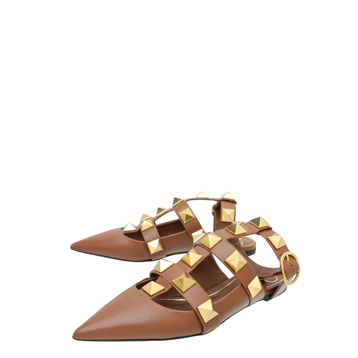 Valentino Brown Roman Stud Ankle Strap Flat Mules 40-Valentino-THE CLOSET