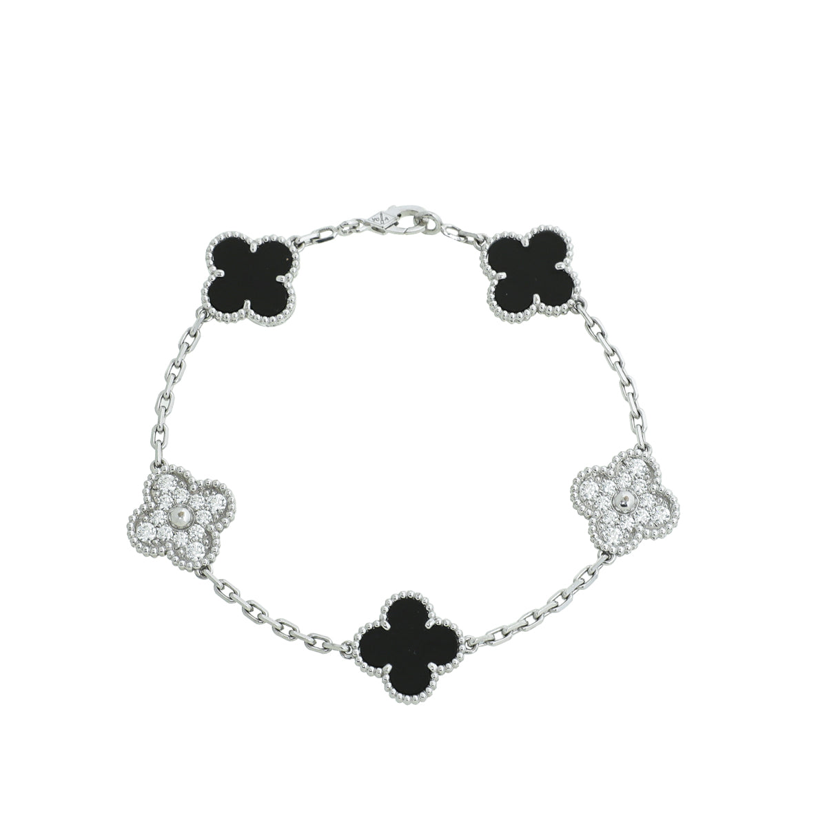 Van Cleef & Arpels 18K White Gold 5 Motifs Diamond Onyx Vintage Alhambra Bracelet-Van Cleef & Arpels-THE CLOSET