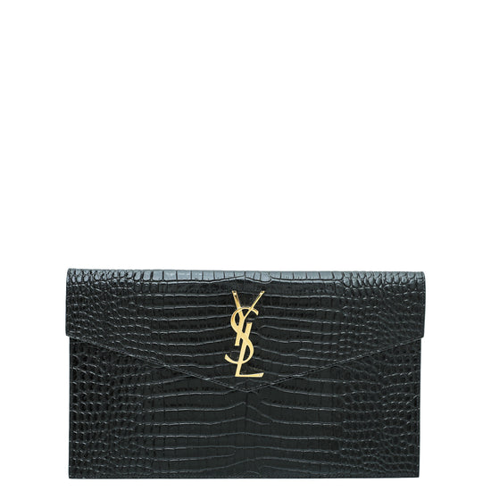 YSL Black Croco Embossed Uptown Envelope Pouch