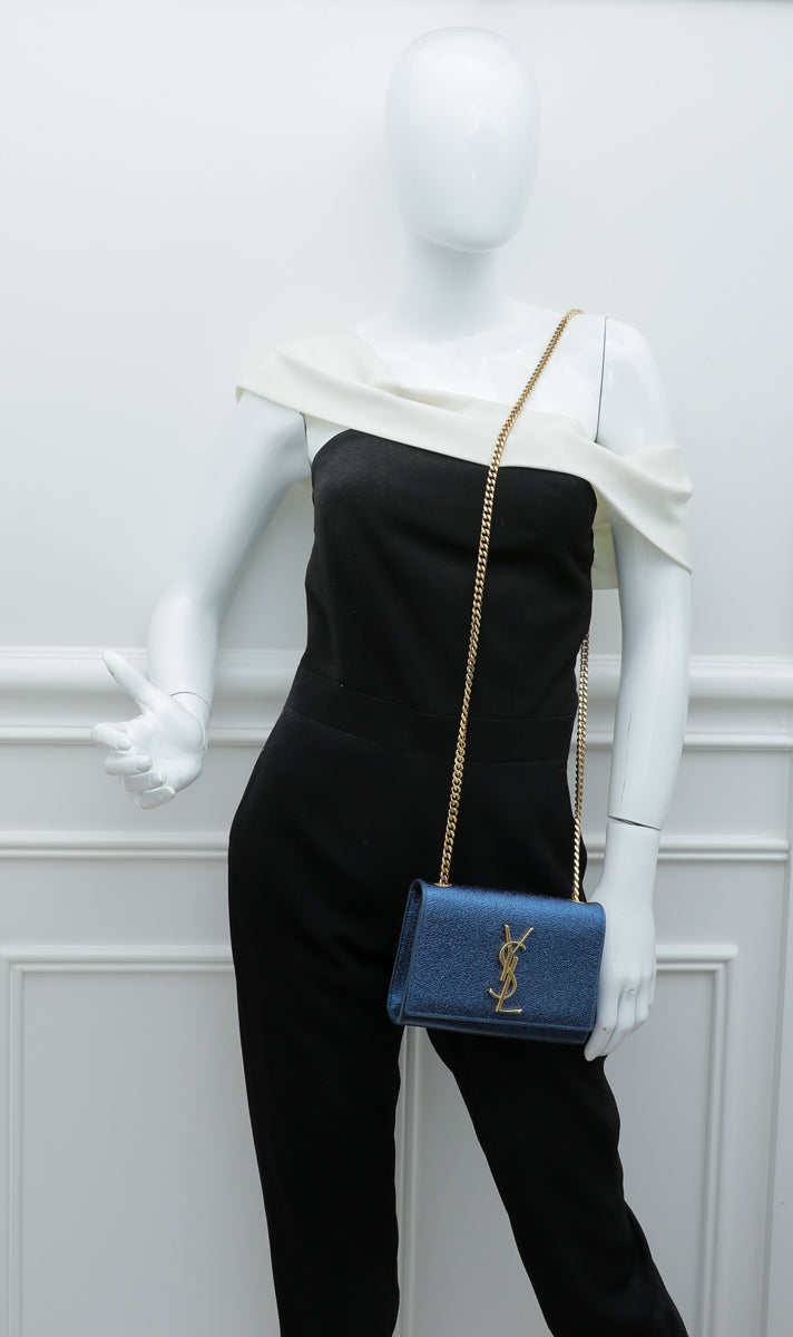YSL Metallic Blue Monogram Kate Mini Chain Bag