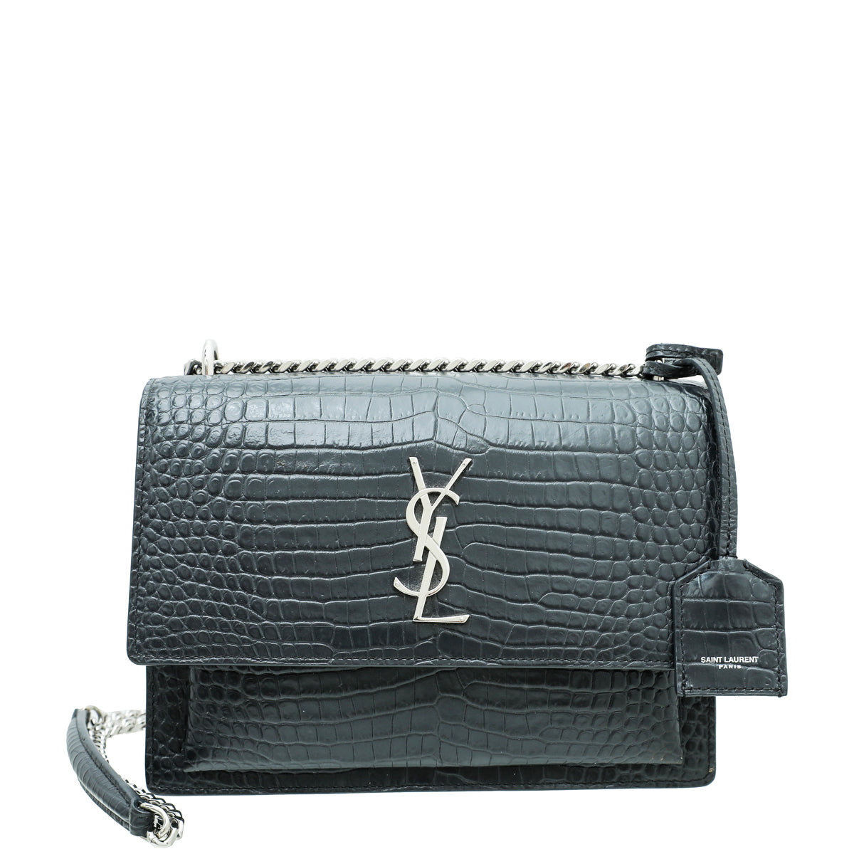 YSL Dark Grey Croco Embossed Sunset Medium Bag-YSL-THE CLOSET