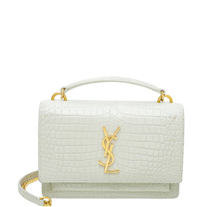 YSL Vintage Blanc Croc Embossed Sunset Chain Wallet
