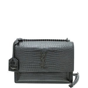 ysl جدا كروكو الأسود منقوش غروب الشمس حقيبة متوسطة