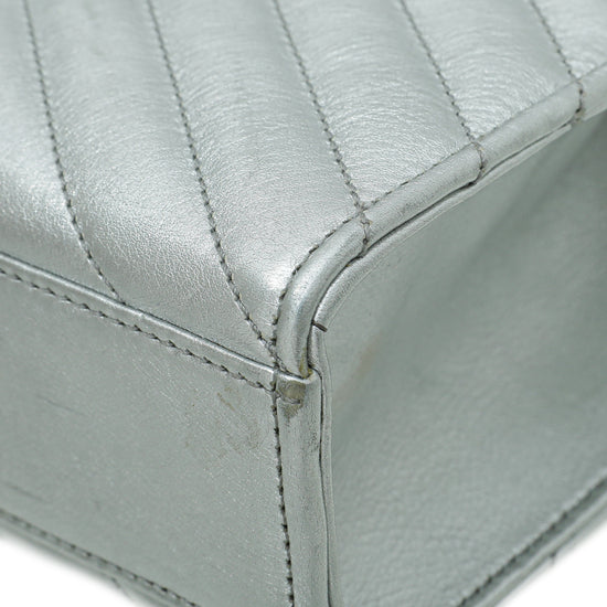 YSL Metallic Silver Monogram Satchel Flap Medium Bag