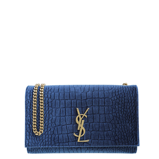 YSL Navy Blue Monogram Croc Velvet Embossed Kate Medium Bag