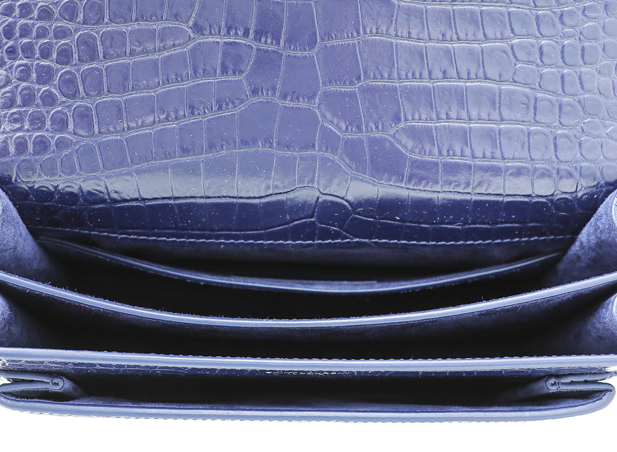 YSL Navy Blue Croc Embossed Sunset Medium Bag