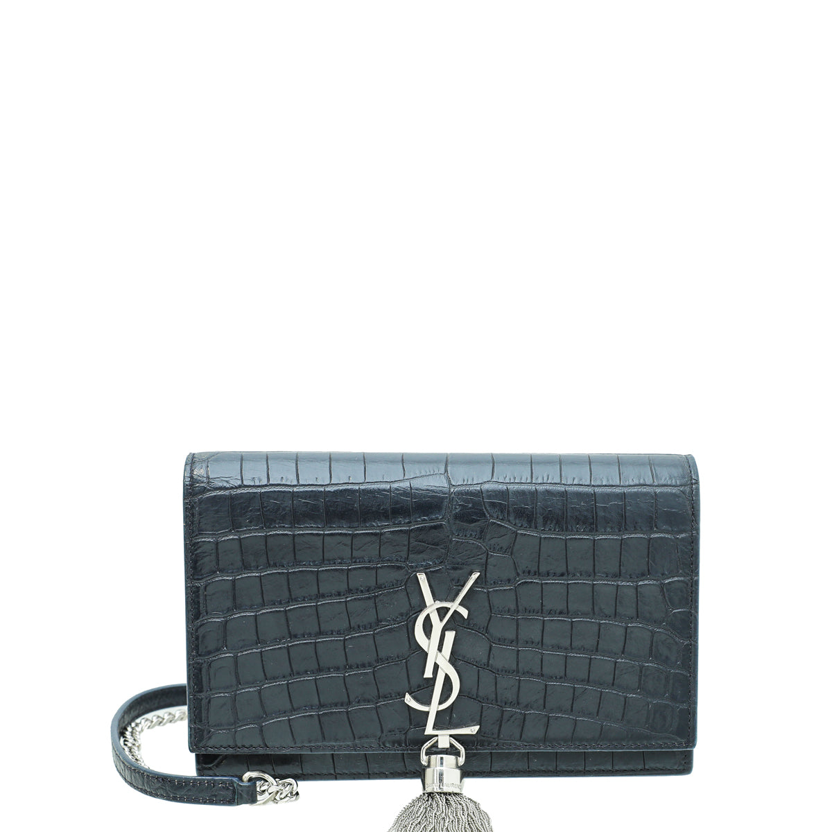 YSL Navy Croc Embossed Kate Tassel Chain Wallet-YSL-THE CLOSET