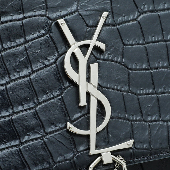 YSL Navy Croc Embossed Kate Tassel Chain Wallet