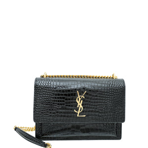 ysl أسود تمساح غروب الشمس منقوشة حقيبة سلسلة متوسطة