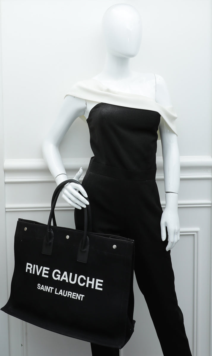 YSL Black Rive Gauche Linen Tote Large Bag