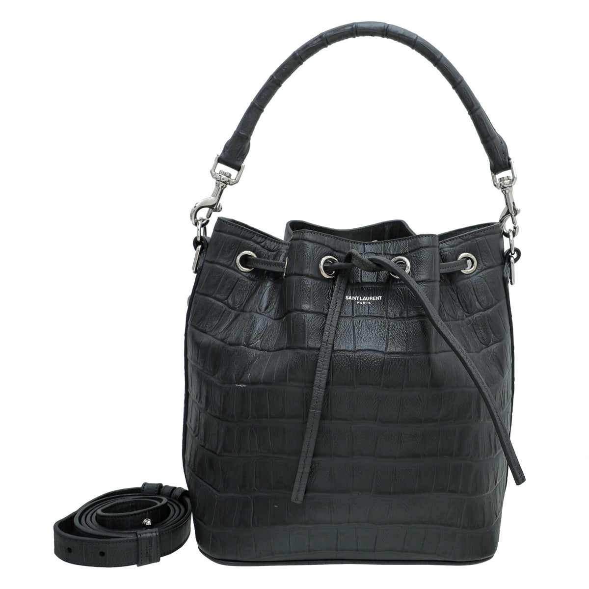 YSL Gray Croco Embossed Emmanuelle Bucket Bag-YSL-THE CLOSET