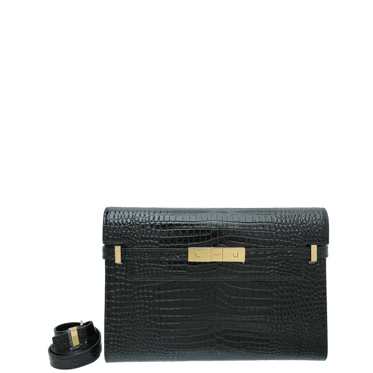 YSL Black Manhattan Shiny Croc Embossed Medium Shoulder Bag-YSL-THE CLOSET