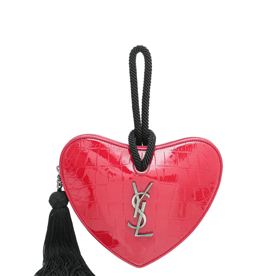 YSL Red Crocodile Embossed Heart Tassel Clutch