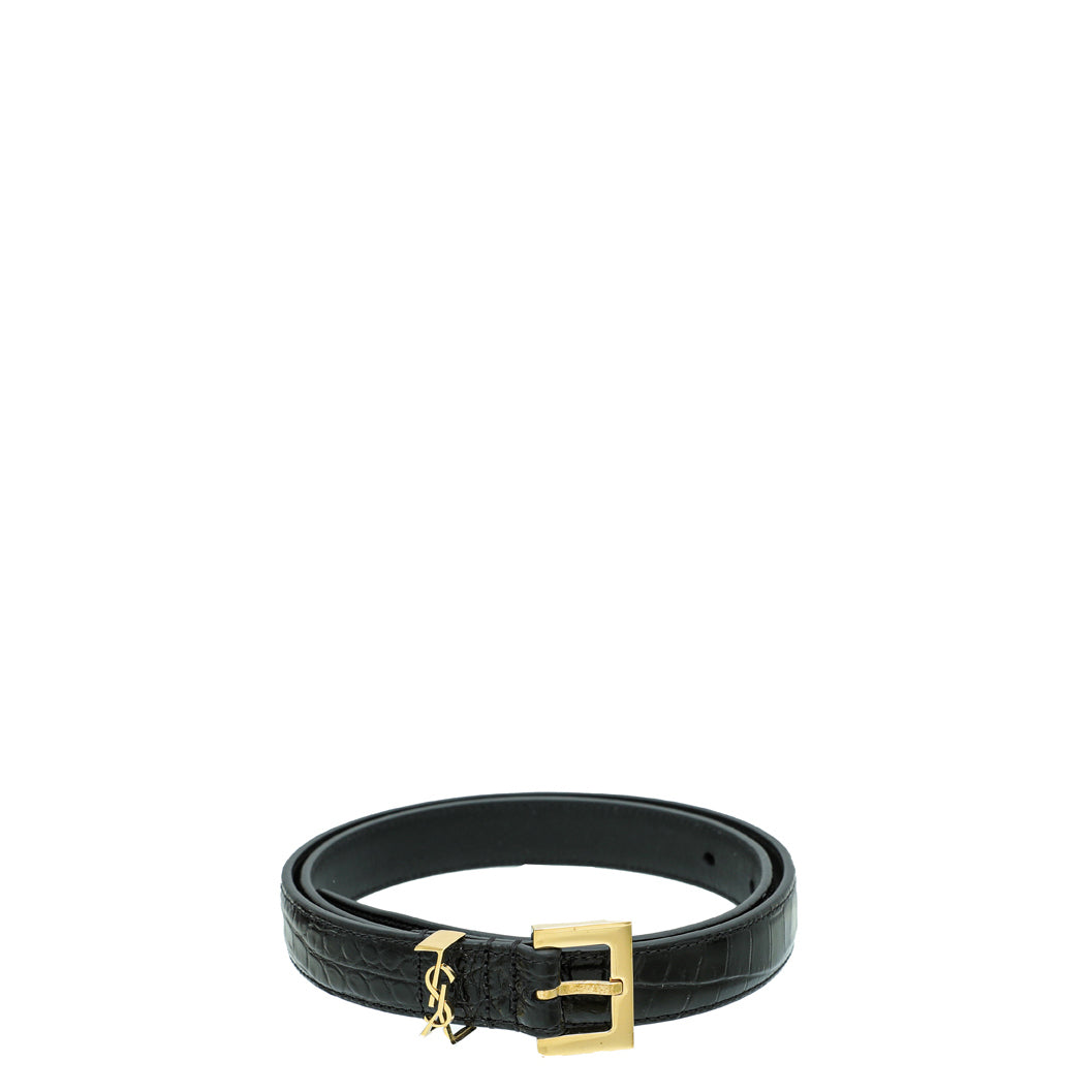 YSL Black Croco Embossed Cassandre 20mm Belt-YSL-THE CLOSET