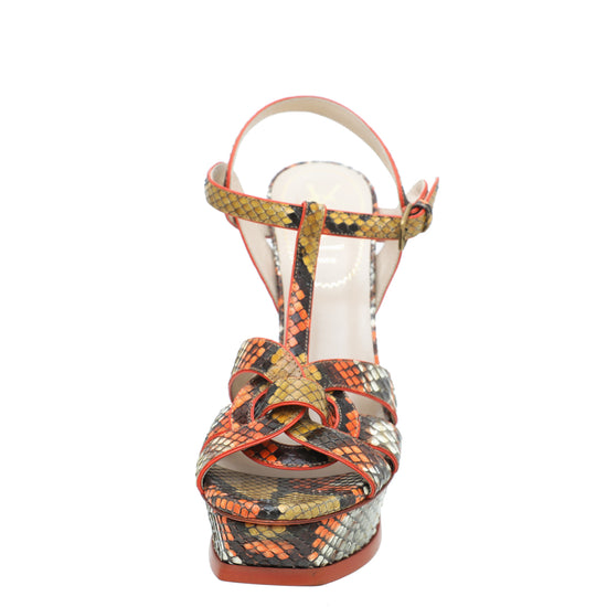 YSL Orange Multicolor Python Print High Heel Tribute Sandals 38
