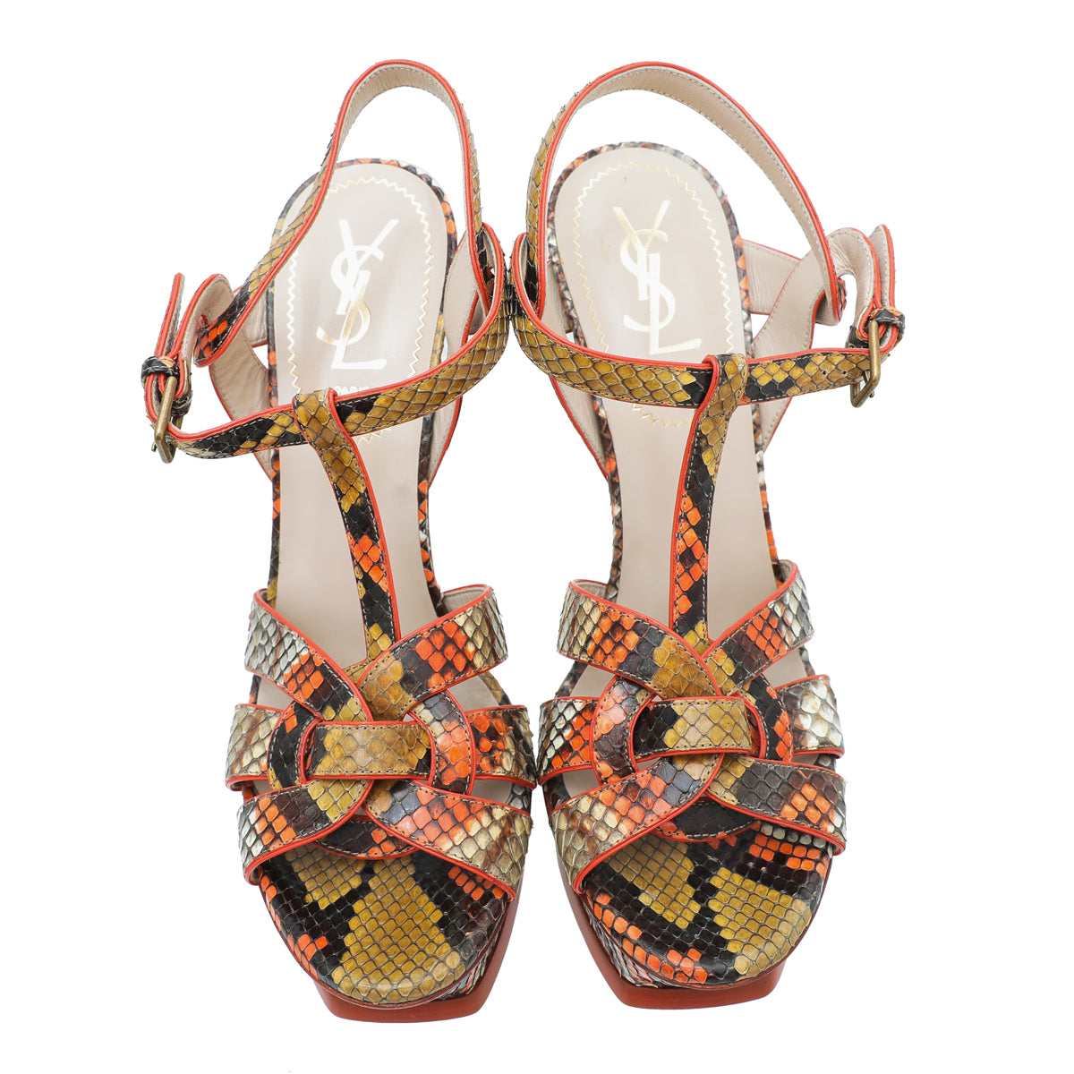 YSL Orange Multicolor Python Print High Heel Tribute Sandals 38-YSL-THE CLOSET