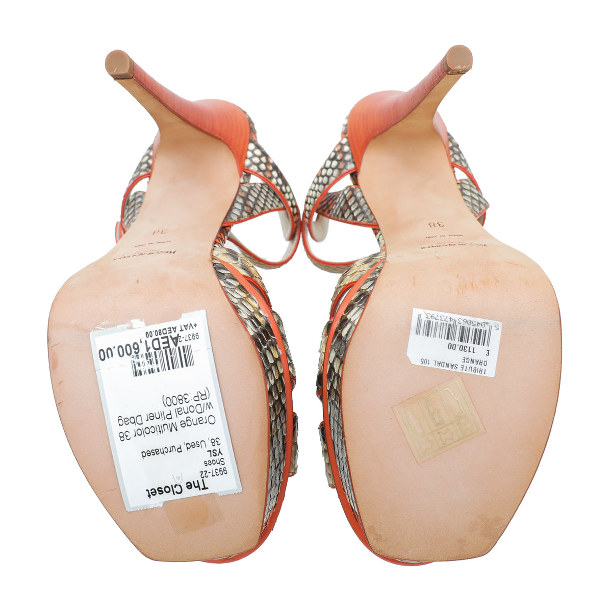 YSL Orange Multicolor Python Print High Heel Tribute Sandals 38-YSL-THE CLOSET