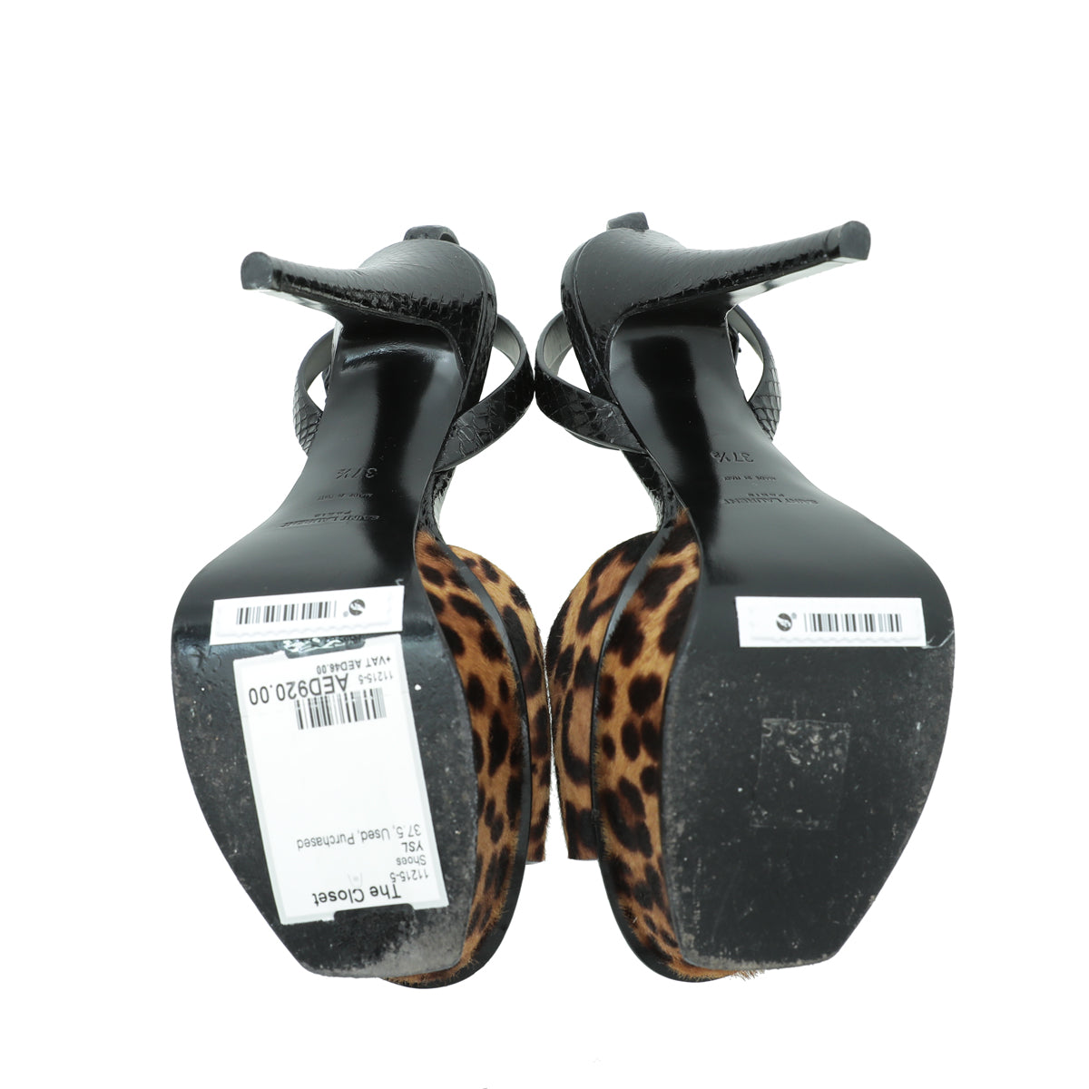 YSL Bicolor Pony Hair Leopard Print Tribute 105 Platform Sandals 37.5
