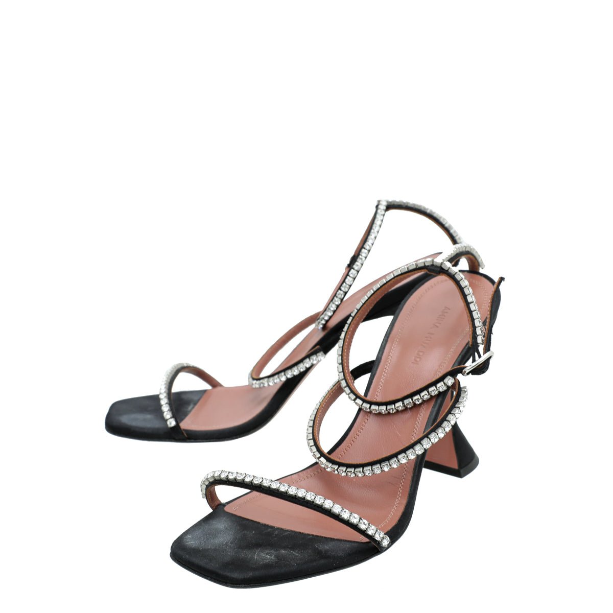 Amina Muaddi Black Satin Gilda 95 Embellished Sandal 39-Amina Muaddi-THE CLOSET