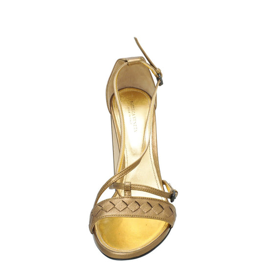 Bottega Veneta - Bottega Veneta Metallic Gold Cross Strap 115mm Sandals 38 | The Closet