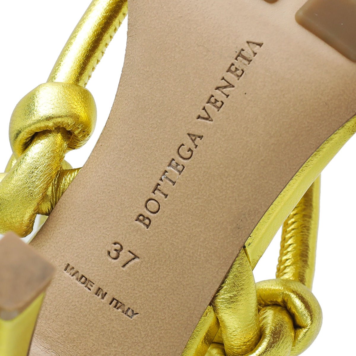 Bottega Veneta - Bottega Veneta Metallic Lime Nappa Knot Sandal 37 | The Closet