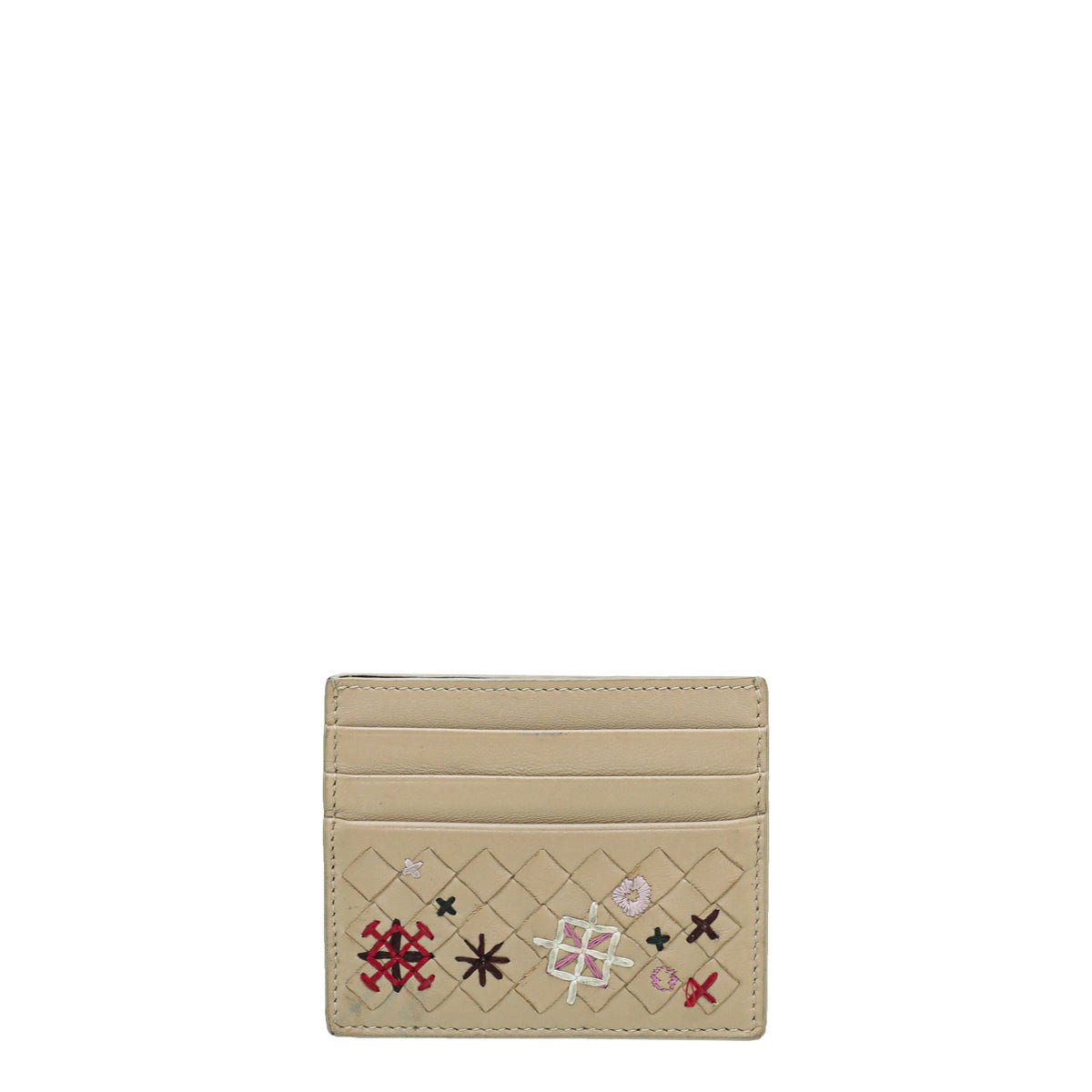 Bottega Veneta Nude Multicolor Embroidered Intrecciato Card Holder-Bottega Veneta-THE CLOSET