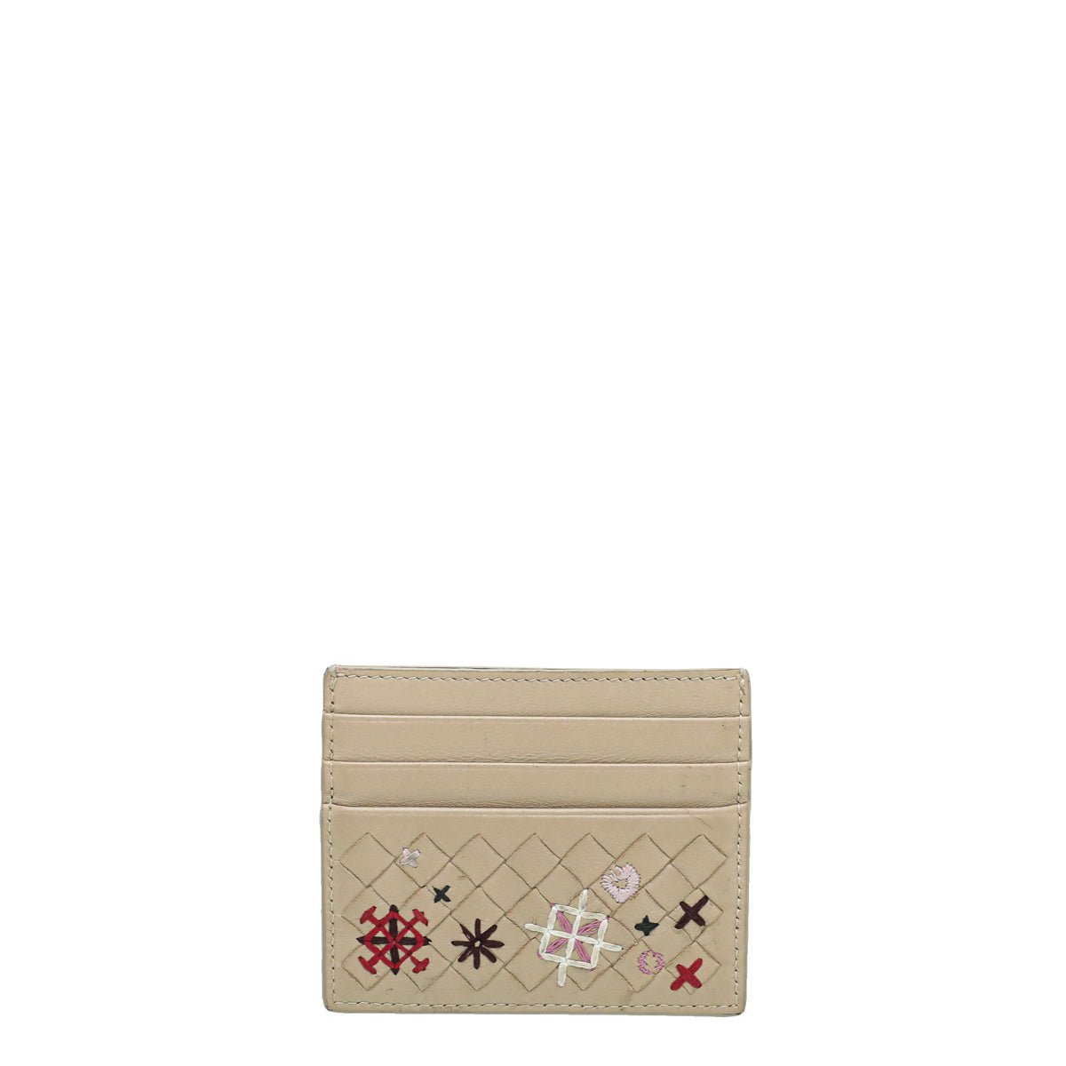 Bottega Veneta Nude Multicolor Embroidered Intrecciato Card Holder-Bottega Veneta-THE CLOSET