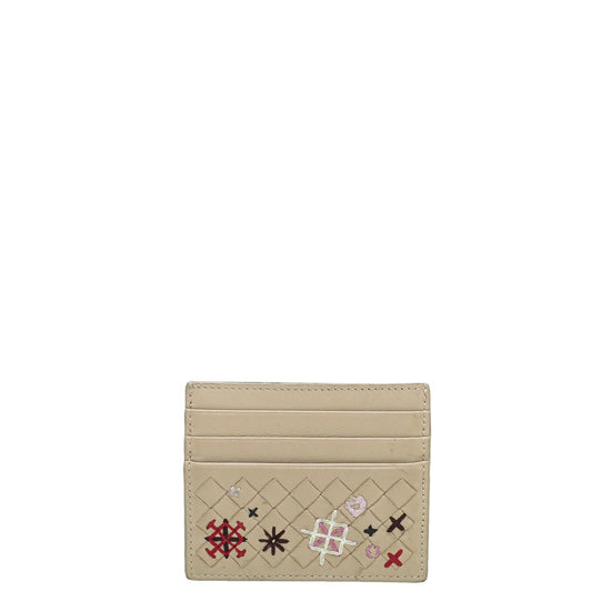 Bottega Veneta - Bottega Veneta Nude Multicolor Embroidered Intrecciato Card Holder | The Closet