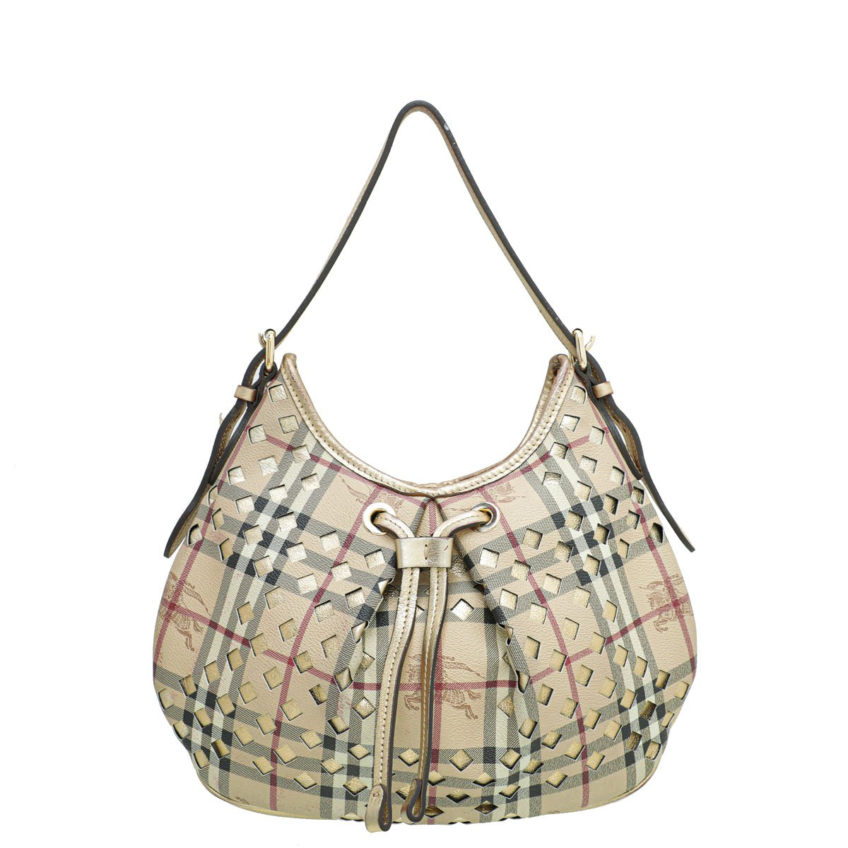 Burberry Bicolor Haymarket Check Cutout Drawstring Hobo Bag-Burberry-THE CLOSET