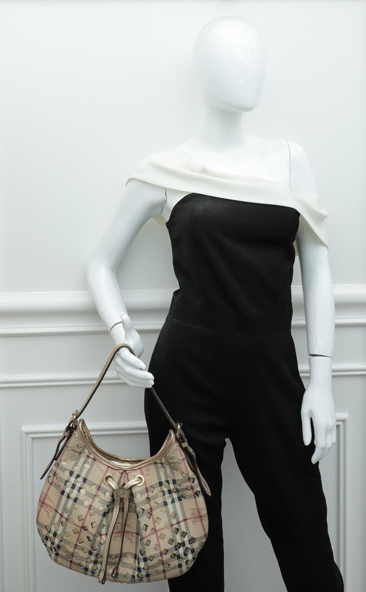 Burberry Bicolor Haymarket Check Cutout Drawstring Hobo Bag-Burberry-THE CLOSET
