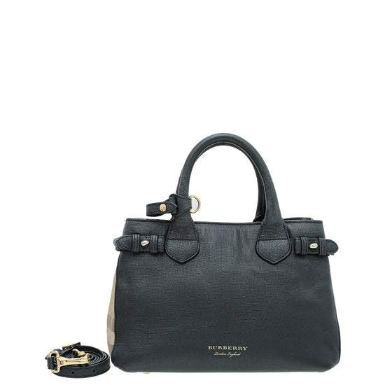 Burberry Leather House Check Small Derby Banner Tote Black