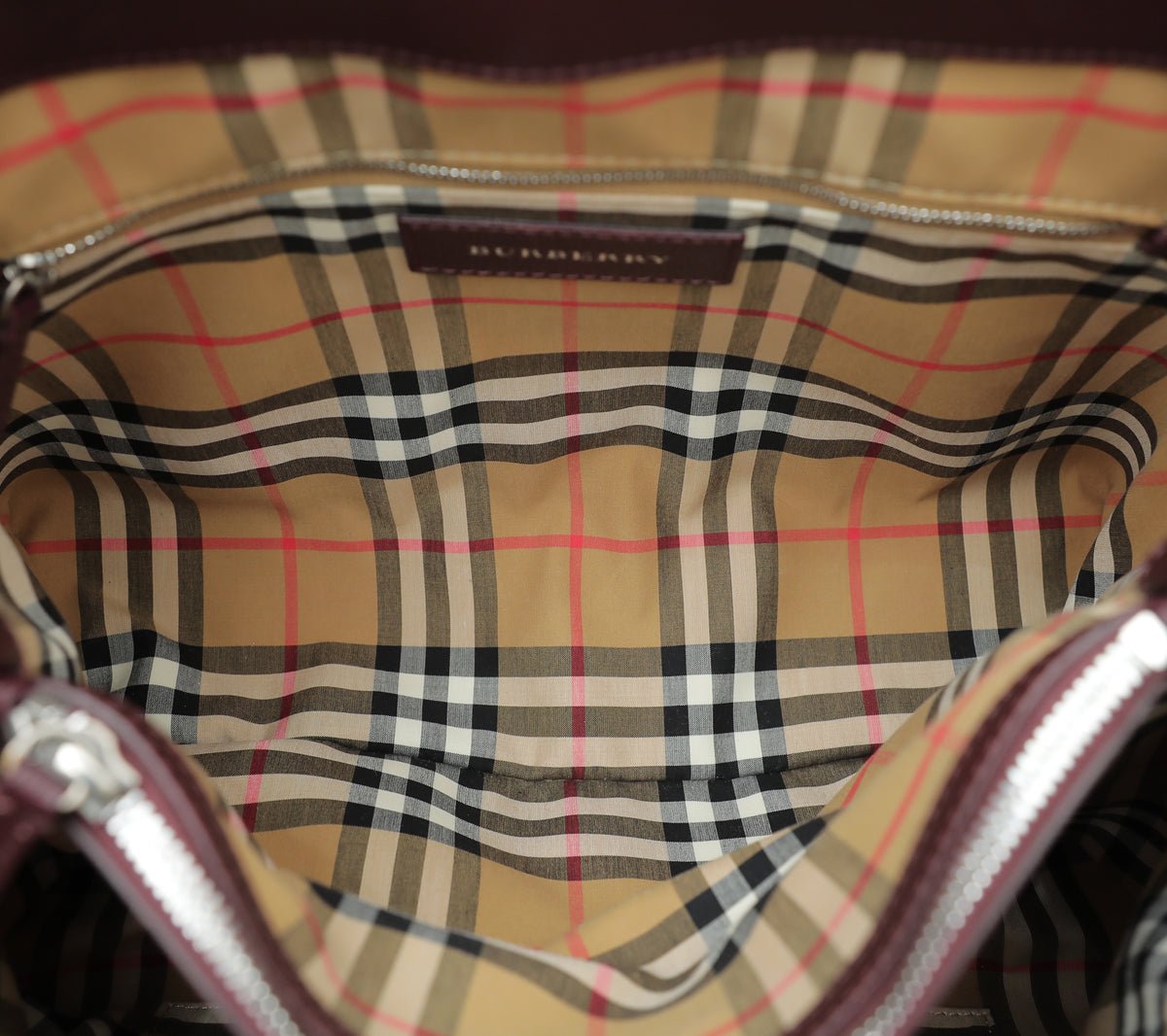Burberry Burgundy Vintage Check Banner Tote Medium Bag-Burberry-THE CLOSET