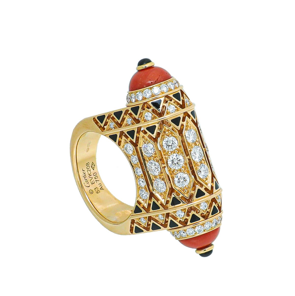 Cartier - Cartier 18K Rose Gold Geometry Contrast Coral, Onyx, Black Lacquer, Diamonds Ring 53 | The Closet