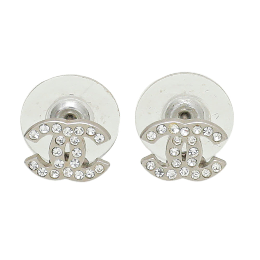 Chanel Silver CC Crystal Studs Small Earrings-Chanel-THE CLOSET