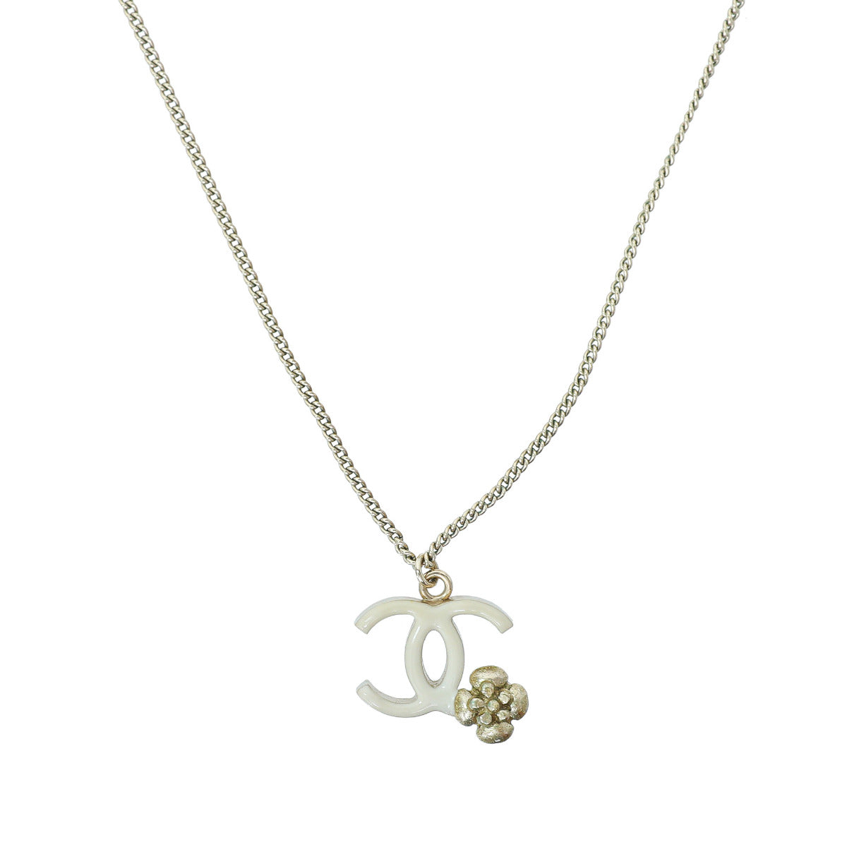 Chanel CC Enamel Camellia Pendant Necklace 13A Light Gold Cream