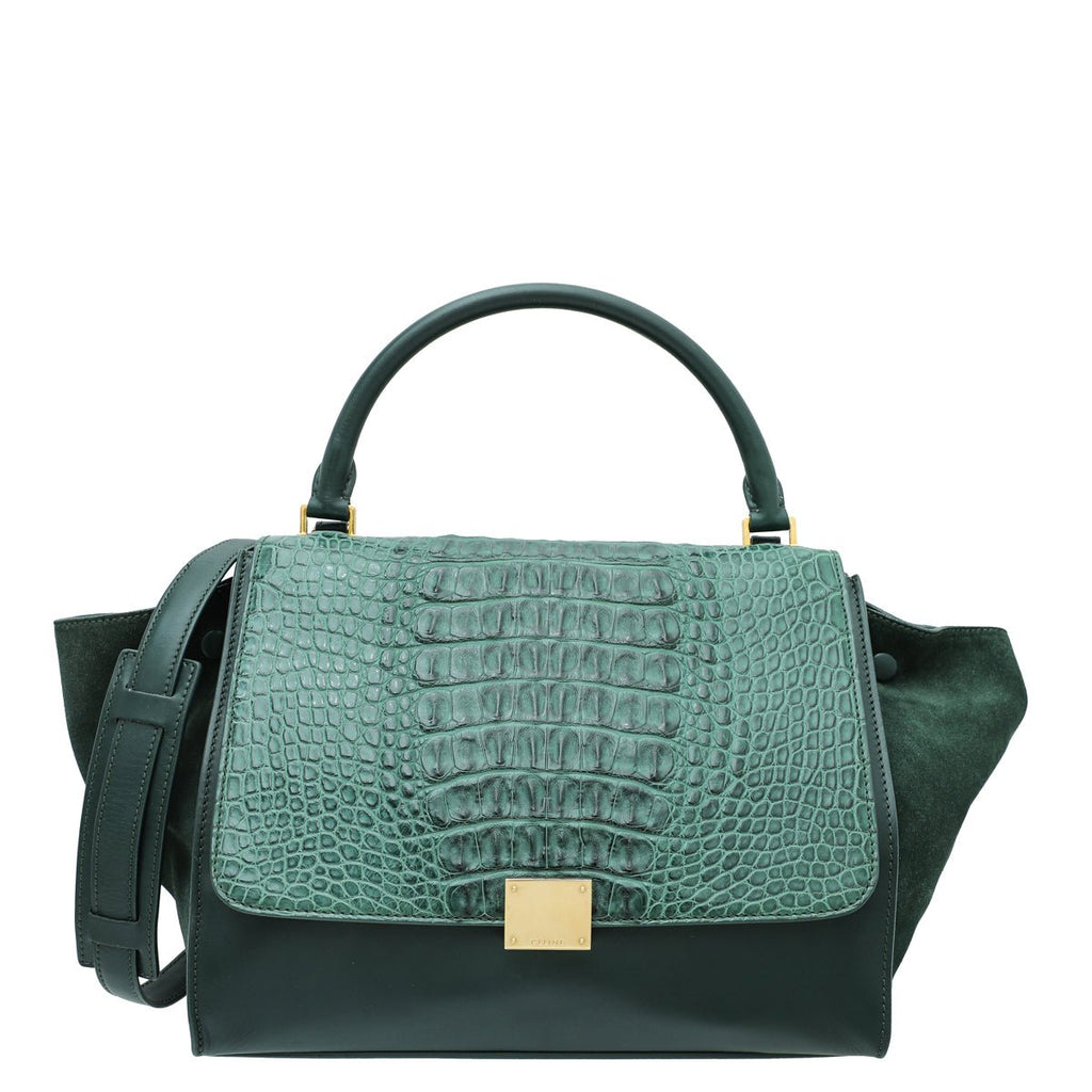 Celine Forest Green Crocodile Trapeze Suide Medium Bag THE CLOSET