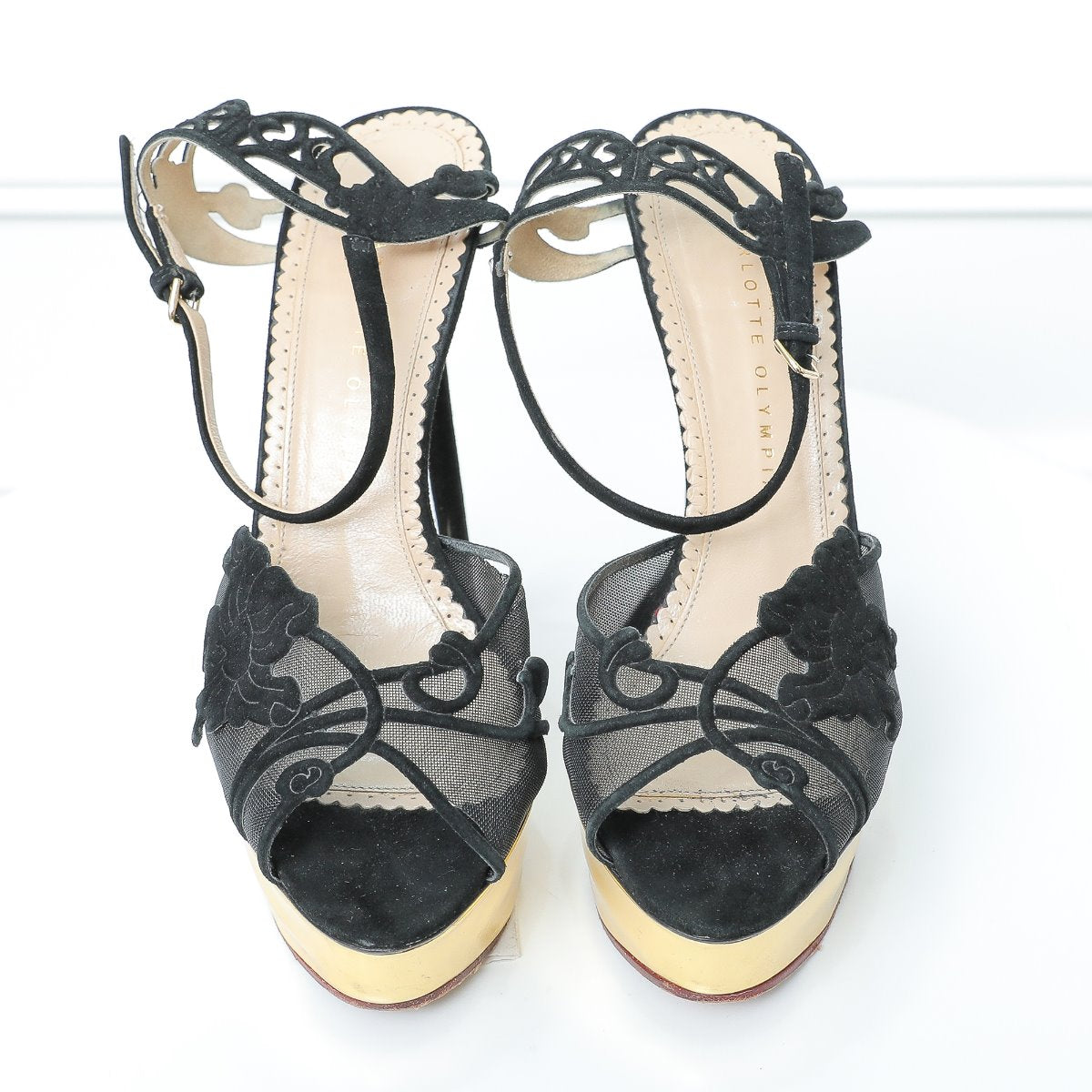 Charlotte Olympia Black- Gold Sling back Heels 38-Charlotte Olympia-THE CLOSET