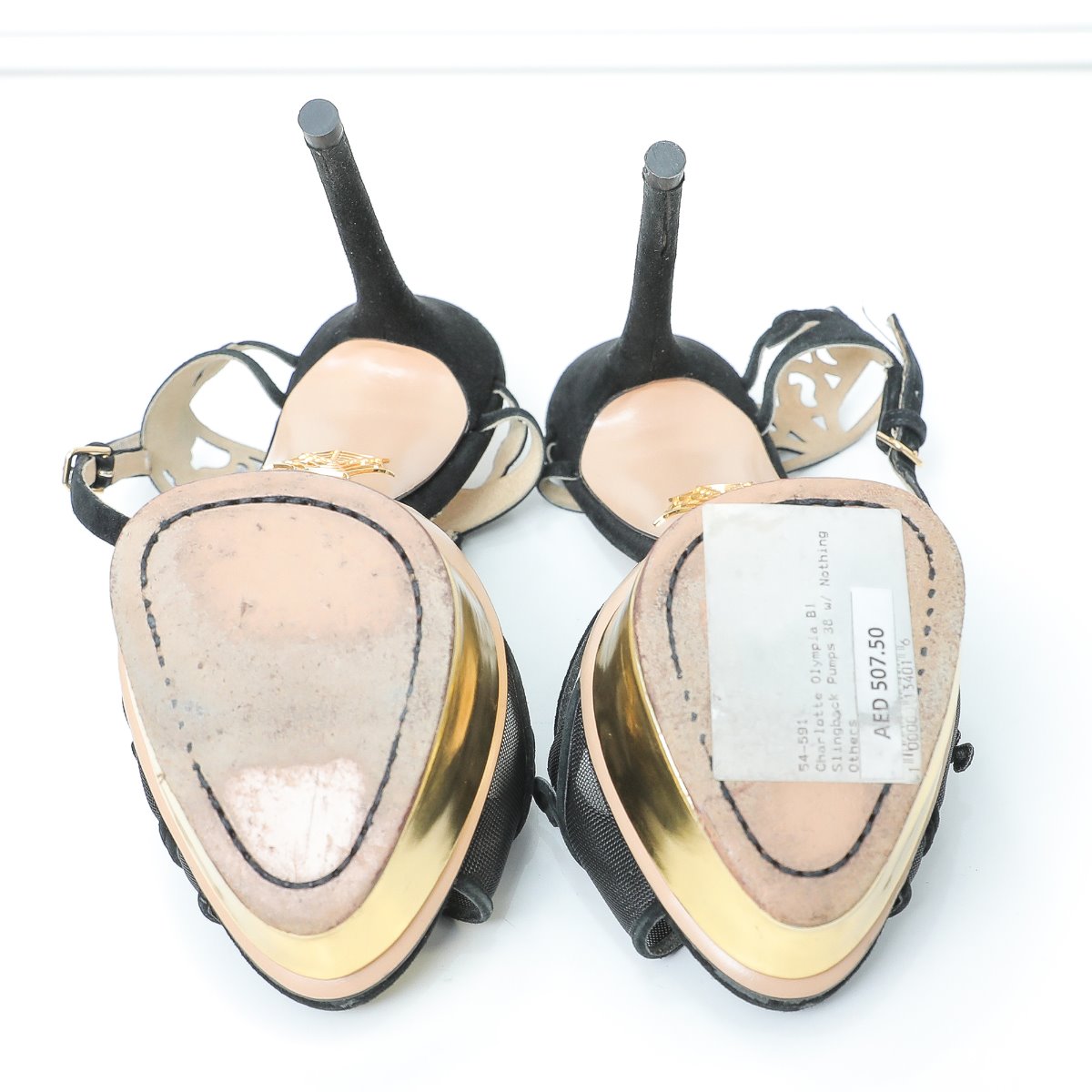 Charlotte Olympia Black- Gold Sling back Heels 38-Charlotte Olympia-THE CLOSET