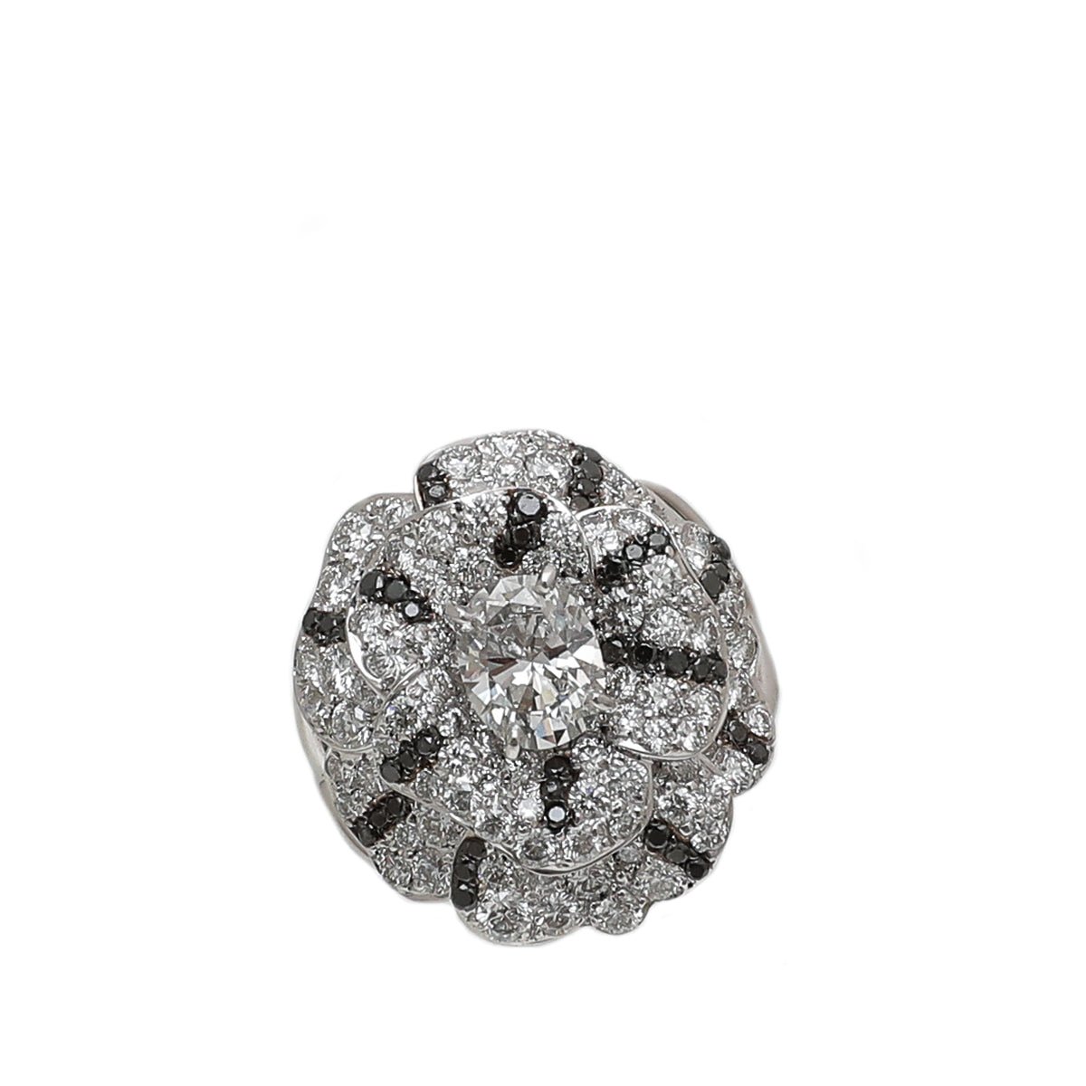 Chanel 18K White Gold Camellia Oval Solitaire W- White & Black Diamond Ring 51-Chanel-THE CLOSET