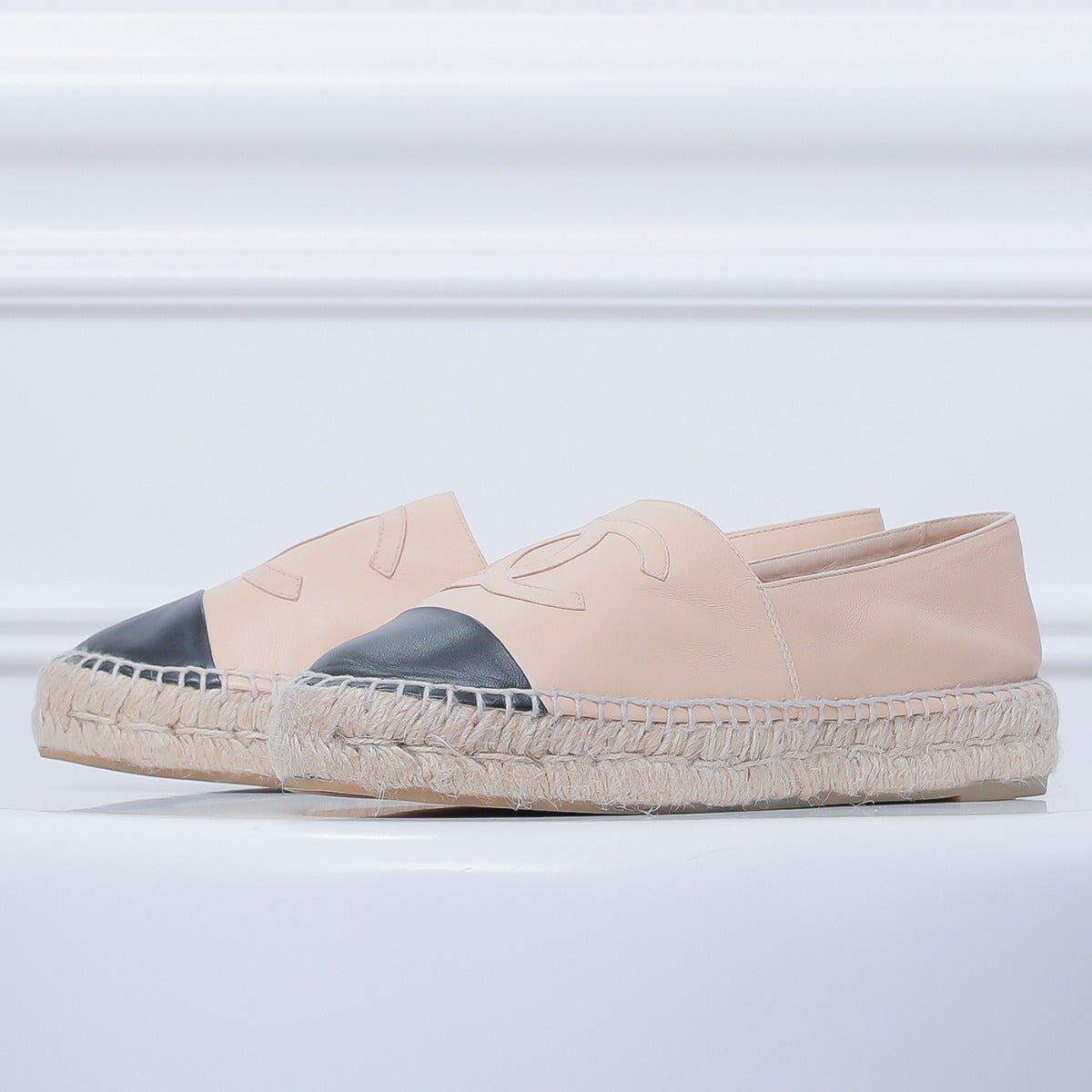 Chanel Beige - Black Espadrile Flats 38-Chanel-THE CLOSET