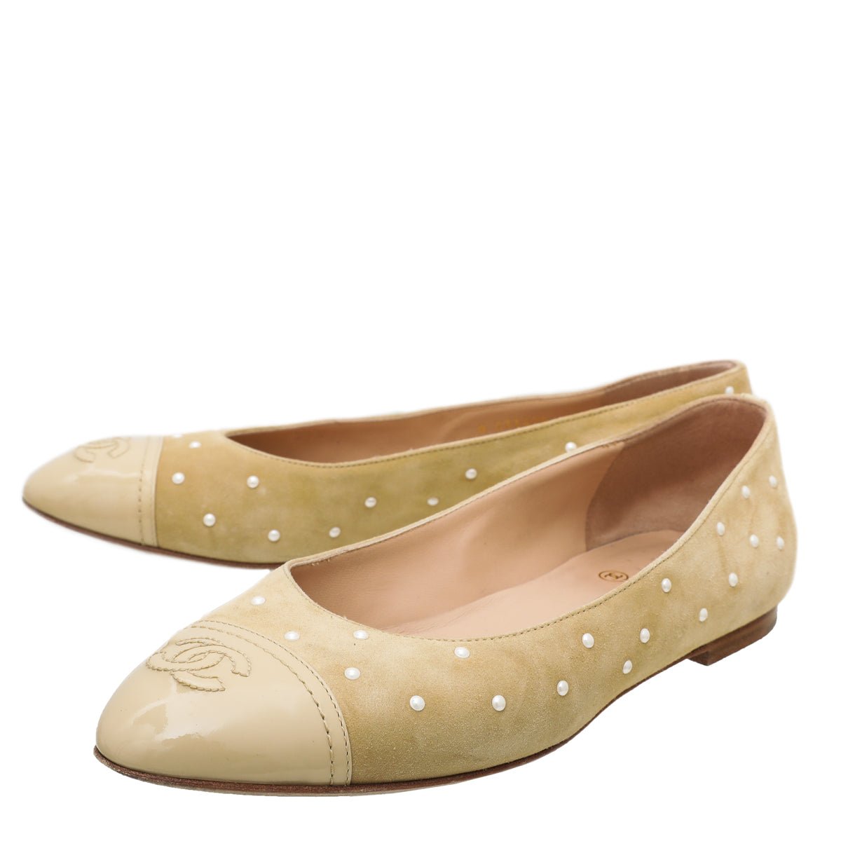 Chanel Beige CC Cap Toe Pearl Ballerina Flats 39-Chanel-THE CLOSET